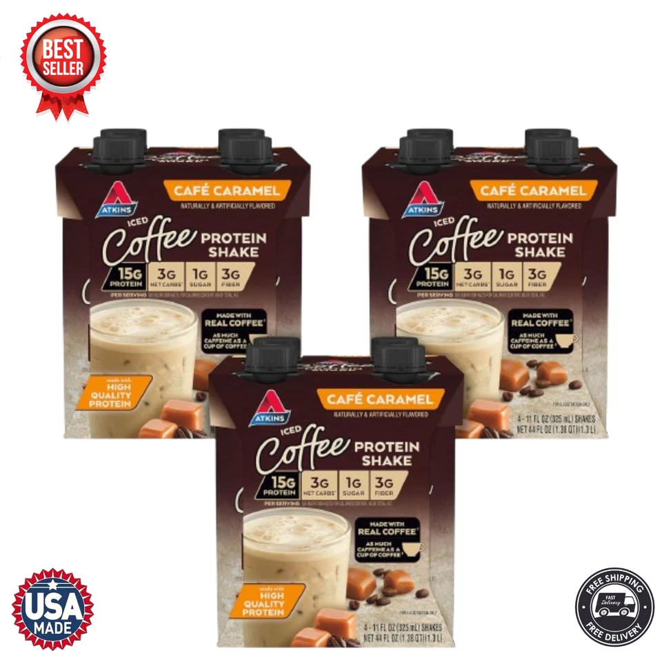 Shake de proteína Atkins Café caramelo sabor café gelado, sem glúten, 12 unidades - Imagem 1 de 4