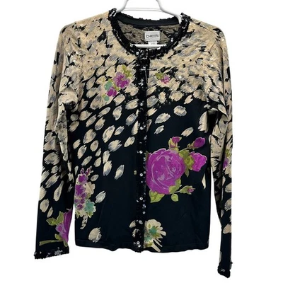Кардиган Chico's из черной шелковой смеси с блестками с цветочным рисунком на пуговицах свитер Artsy 1 средний размер - Изображение 1 из 4