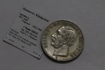 🧭 🇩🇪 GERMANY HANNOVER 1 THALER 1855 B SILVER SHARP DETAILS B79 #W686 - Image 1 of 2