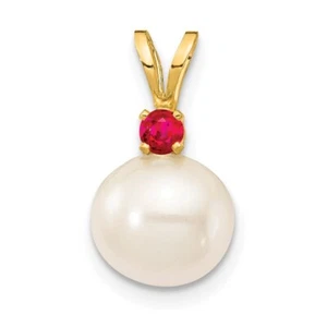 14K Yellow Gold Ruby 8-8.5mm White Round FWC Pearl Pendant for Mom - Picture 1 of 1