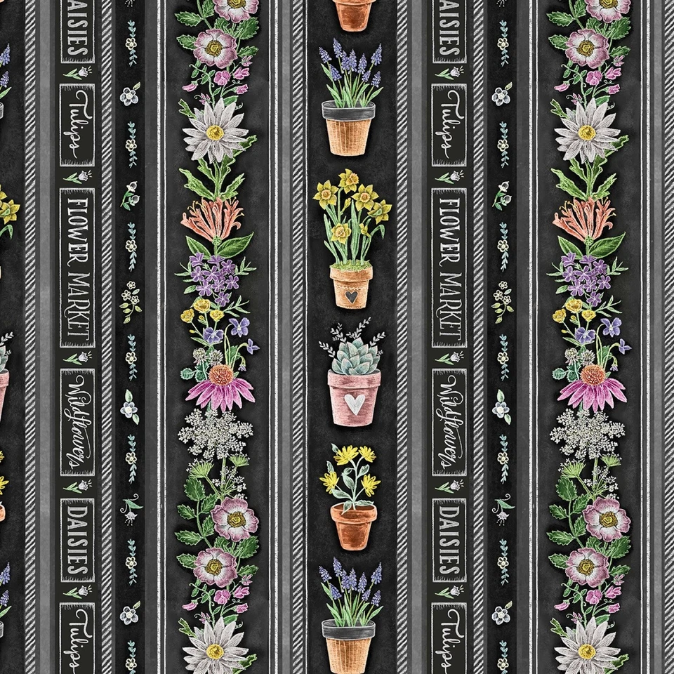 Michael Miller Flower Market por Lily & Val DDC11822 listras pretas em vaso de algodão - Imagem 1 de 1