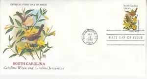 USA 1982. South Carolina. Carolina Wren and Jessamine. 1st day of issue FDI 20c - Picture 1 of 1