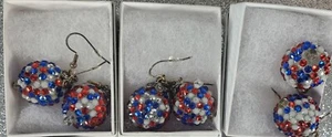 Handmade Gumball Beaded Dangle Earrings - Red, White, Blue Rhinestone - Picture 1 of 3