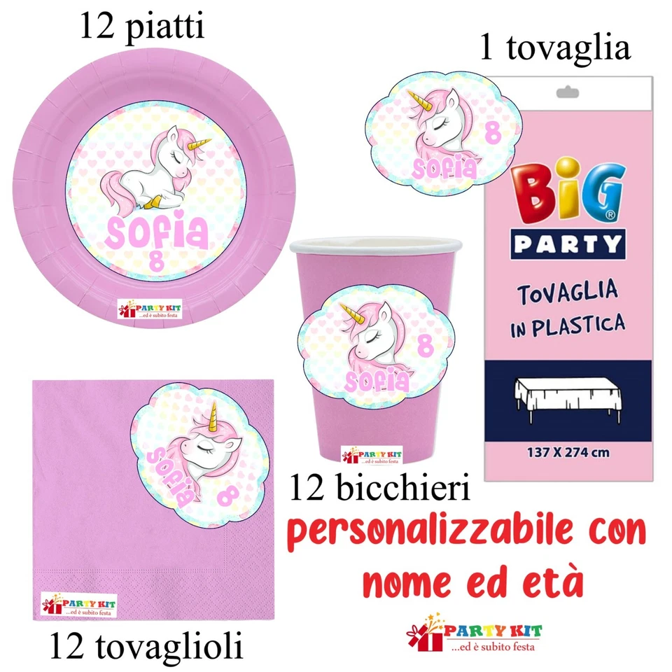 Kit 37 Pz UNICORNO Addobbi Festa Piatti Bicchieri Tovaglia Personalizzato - Immagine 1 di 1