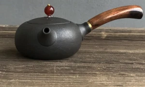 165ml Japanese Kyusu Teapot Ceramic Pottery Black Handmade Wood Handle Tea Ware - Picture 1 of 6