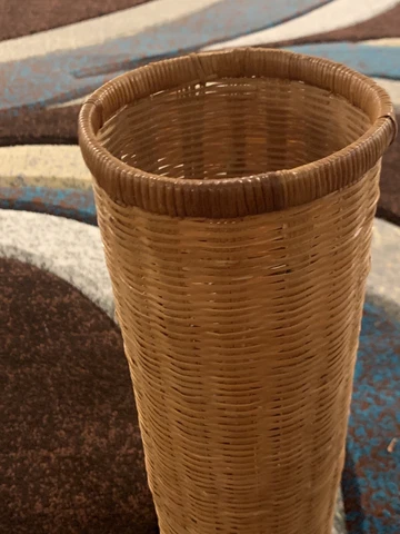 Vintage Tall Thin Cylinder Paper Waste Basket~Hand Woven~Bamboo~1960s Boho~11” Cover
