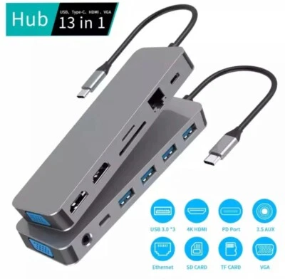 13 in 1 USB Type C Hub Multiport Adapter Dongle Docking Station 4K HDMI RJ45 VGA - Image 1 of 4