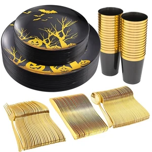 180pcs Halloween Black Plastic Dinnerware,Black and Gold Plates, Disposable P... - Picture 1 of 7