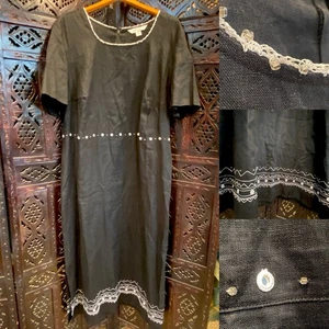 100 % Leinen bestickt Damen Übergröße 2X Maxikleid schwarz Boho Perlen Handwerker - Bild 1 von 15