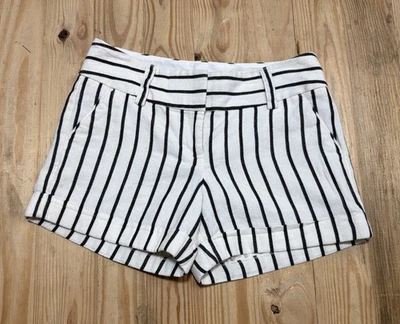 EXPRESS Shorts  Ivory Stripe Linen Blend MIDI Mid Rise 28” - Image 1 of 4