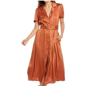 Vestido camisero WeWoreWhat cuello de campamento satinado con cinturón en naranja óxido talla pequeña nuevo con etiquetas - Imagen 1 de 9