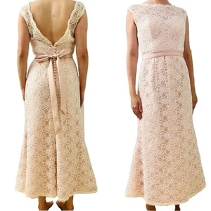 Mori Lee Dress Lace Pink White Bow Dainty Midlength Formal Cocktail Bow Size 14 - Picture 1 of 9