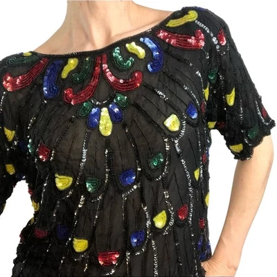 Blusa de fiesta vintage de lentejuelas manga corta M Foto 1 de 4