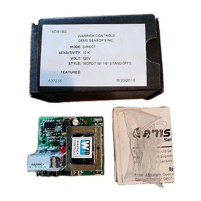 Warrick Controls Gems Sensors 16DB1B0 CircuitBoard DPDT 1/8" Standoffs 10k 120v - Image 1 of 4