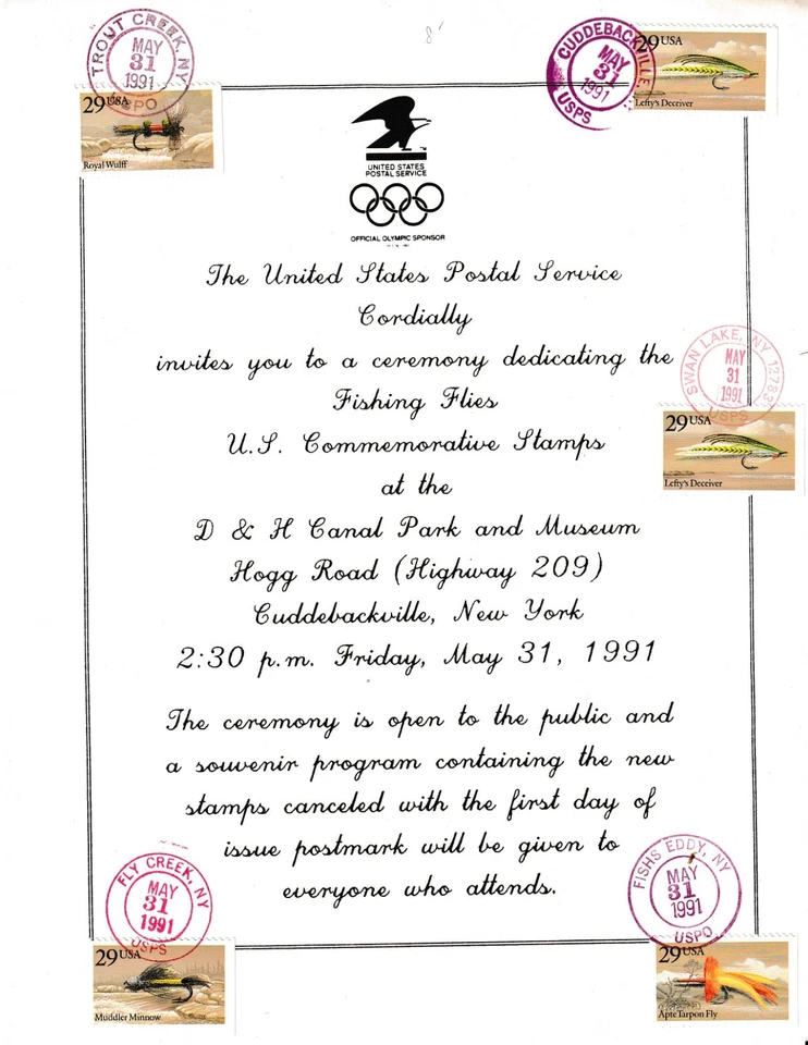USPS FDC Ceremony Invitation #2545-2549 Fishing Flies Bklt Uo Cities 1991 - Image 1 of 1