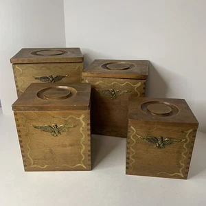Vintage Nesting Dovetail Wood Canisters 1970's Eagle Emblem Set Of 4 READ - Picture 1 of 16