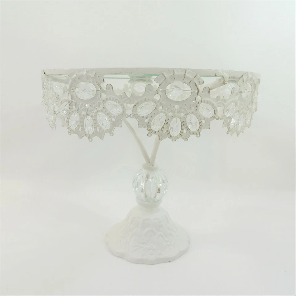 White Iron Shabby Pedestal Cupcake Stand Cake Plate Faux Crystal Beads & Lace  - Image 1 of 4