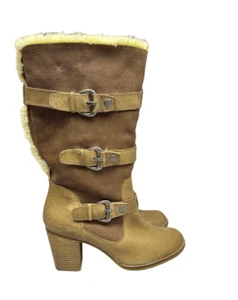 Gianni Bini Knee Length Riding Boots 11M Tan Faux Fur Lining Buckle Heel Pull On - Picture 1 of 11