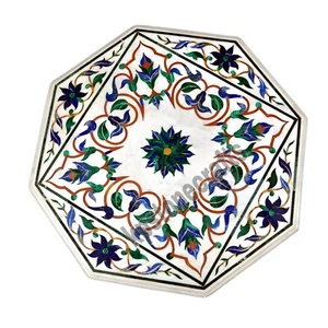White Marble Octagonal Table Top | Pietra Dura Inlay | Handmade with Semi-Precio - Picture 1 of 6
