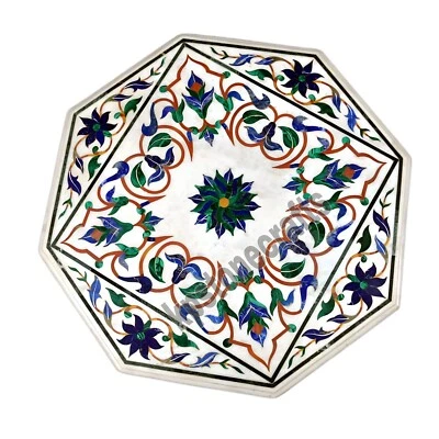 White Marble Octagonal Table Top | Pietra Dura Inlay | Handmade with Semi-Precio - Image 1 of 4