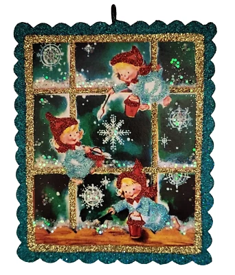 STROMBOLI'S WAGON ANGELS Painting SNOW in FROSTY WINDOW * Glitter CHRISTMAS ORNAMENT * Vtg Img