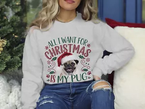 Xmas Sweatshirt Christmas Sweater Pug Dog Xmas Jumper Day Festive Top - Picture 1 of 7