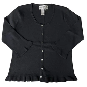 Joseph A Womens M Cardigan Sweater Black Ruffle Hem 3/4 Sleeve Button Tight Knit - Picture 1 of 8