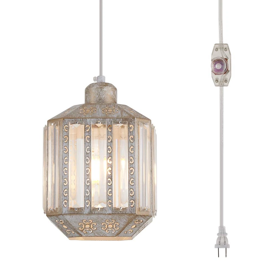 Boho Hanging Lamp Plug-In, Rustic Crystal Swag Light, Dimmable 16.4 FT Cord - Image 1 of 4