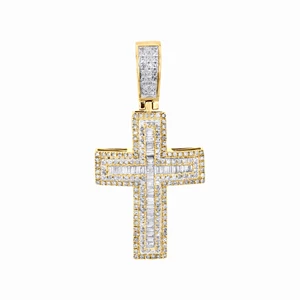 10K Yellow Gold Round & Baguette Diamond Men's Cross Pendant 1.55" Charm 0.87 CT - Foto 1 di 5