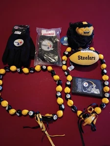 Pittsburgh Steelers Swag -Gloves, Socks, Necklaces, Wallet, Mini Football, Loofa - Picture 1 of 14