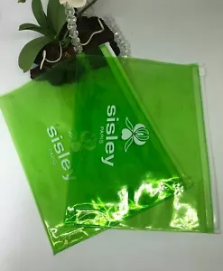 2x Sisley Green Transparent Clear Plastic Zippered Cosmetic Makeup Travel Bag - Picture 1 of 6
