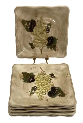 6 Cabernet Square Salad Plates Hand Painted Grapes by Tabletops Unlimited - Image 1 of 4