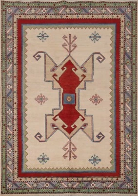 Geometric Ivory/ Gray Super Kazak Orietal Area Rug 5'x7' Wool Hand-knotted Rug - Image 1 of 4