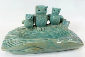 Vintage 12" Green Ceramic Pottery 3 Owls Log Key Trinket Tray Succulent Planter - Picture 1 of 12