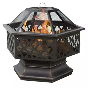 UniFlame Fire Pit Wood Burning Yard 24 Inch Hex Shaped Lattice Oil Rubbed Bronze - Picture 1 of 3