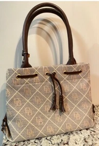 Dooney & Bourke Signature Monogram Small Tassel Tote Handbag Purse Brown Vintage - Picture 1 of 7