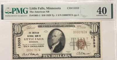 1929 $10 Little Falls Minnesota National Currency PMG Extremely Fine 40 Ch 13353 - Image 1 of 2