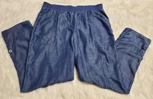 Chico's Size 1.5 Pants Crop Chambray Blue Pull on Roll-Tab Crop Medium 10 I-24 - Picture 1 of 15