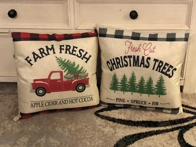 Christmas Throw Pillow Covers Red Truck Cocoa Fresh Cut Tree Farmhouse 2 New NIP - Image 1 of 4