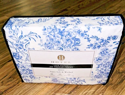 HOTEL Queen Sheet Set Blue Chinoiserie Toile Floral Cabbage Rose 300 TC Cotton - Image 1 of 3