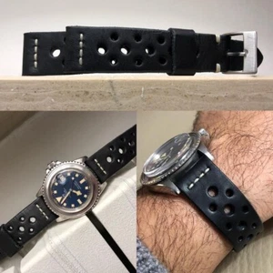 20mm Black Rally Leather watch Strap for vintage chrono watch like speedmaster - Imagen 1 de 5
