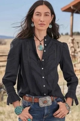 Sundance Women's Louisa Lace Inset Ruffle Button Down Victorian Top Black PM - Image 1 of 4