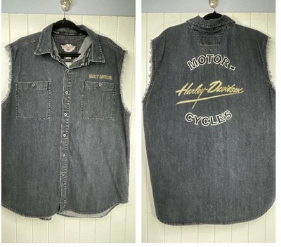 Harley Davidson Denim Cut Off Sleeveless Button Down Vest Shirt Mens Sz XL - Image 1 of 4