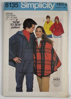 Simplicity 8135 2 Hooded Ponchos Men & Miss Sz M Sewing Pattern UC FF VTG 70s - Image 1 of 4