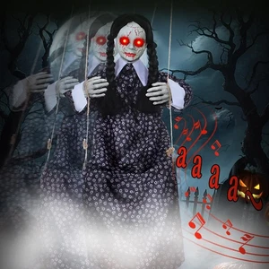 Scary Halloween Decor Outdoor - Halloween Hanging Swinging Doll Girl with Sou... - Picture 1 of 8
