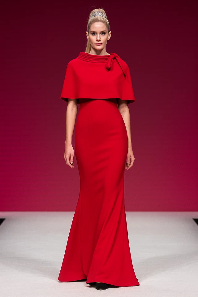 Badgley Mischka Red Cape Bow Stand-Neck Gown sz 4 Runway Sample Modest Couture - Image 1 of 4