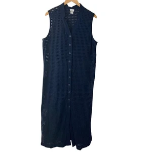 Chico’s Maxi Dress Duster Eyelet Notch Collar Dress Navy Blue Open Knit Sz 3(16) - Picture 1 of 8
