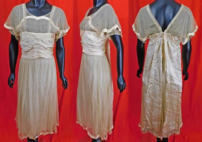Edwardian White Net Silk Watteau Sequin Beaded Ball Gown Tea Length Dress Vtg - Image 1 of 4
