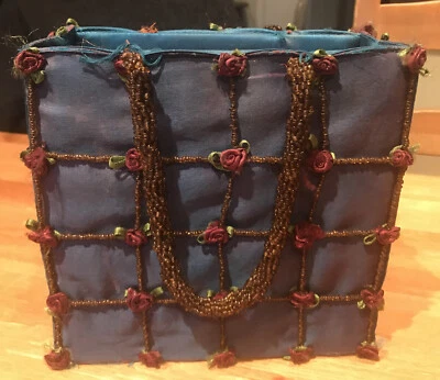 Accessorize 2-shade Blue Silk Sequin Beads Flower Red Roses Square Handbag - Image 1 of 4