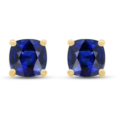 Cushion Cut Blue Sapphire 2.00 Carat Stud Earrings 14K Solid Yellow Gold - Image 1 of 4